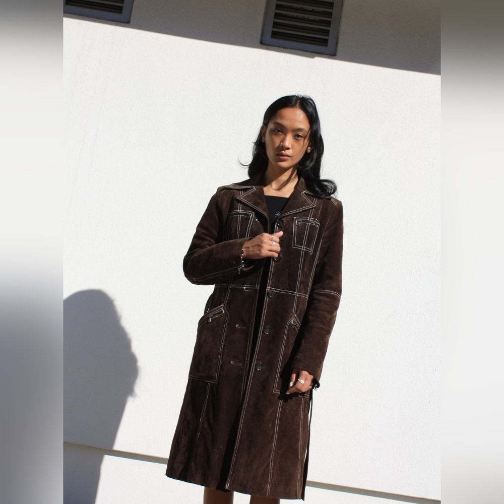 Vintage Y2K Guess Sueded Brown Leather Women's Trench Coat Size Small